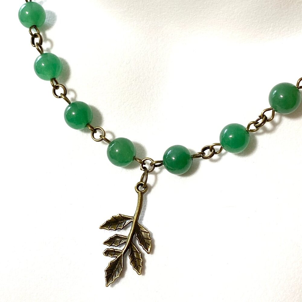 Natural Green Chalcedony Necklace, Cute Bronze Leaf Branch + Genuine Gemstone